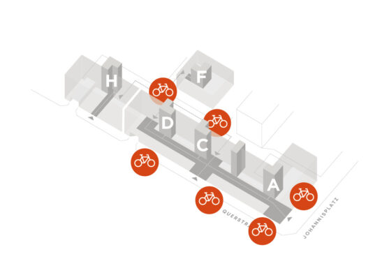 Fahrradständer rings um das Hauptgebäude der Praxisklinik