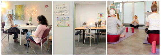 Beispiele für Angebote der Krebsberatungsstelle Haus Leben e.V.: psychosoziale Beratung, Yoga, Betreuung von Kindern (Kinderzeichnungen)